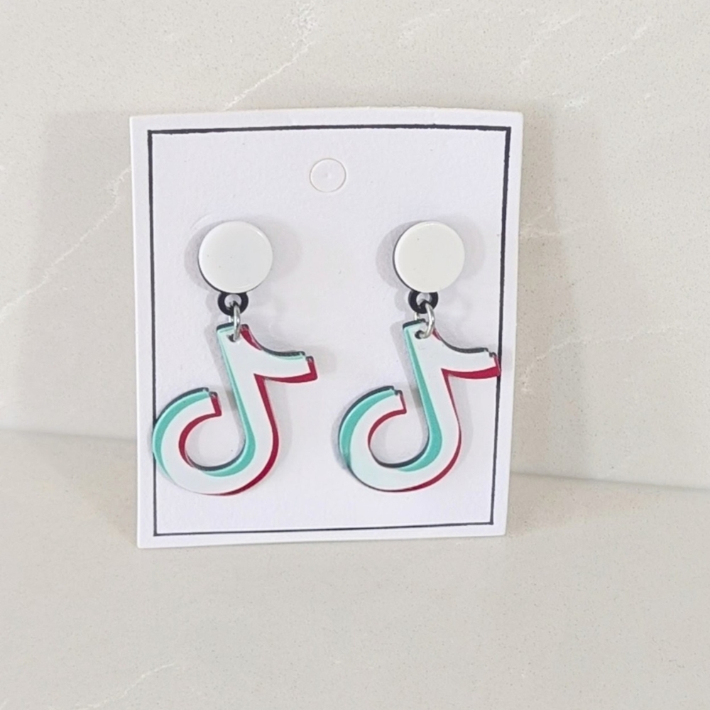Acrylic TikTok Logo Dangle Earrings in White, Teal & Pink - Picture 3 of 5
